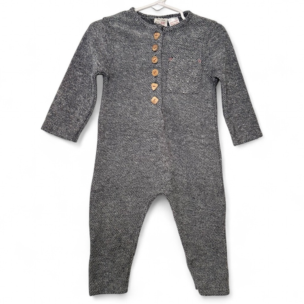 Zara Knit Romper Baby 9-12 Month Gray One Piece Outfit Wood Buttons